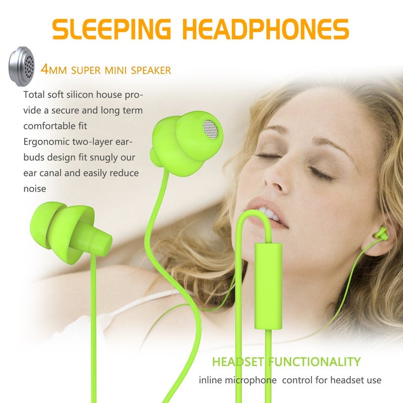 MAXROCK Wired Sleep Earphones Soft Sleep Earbuds Total Silicon Sleeping Headphones with in-line Mic for Cellphones, Mp3, Tablet pocasts 3.5mm, Green - Image 2